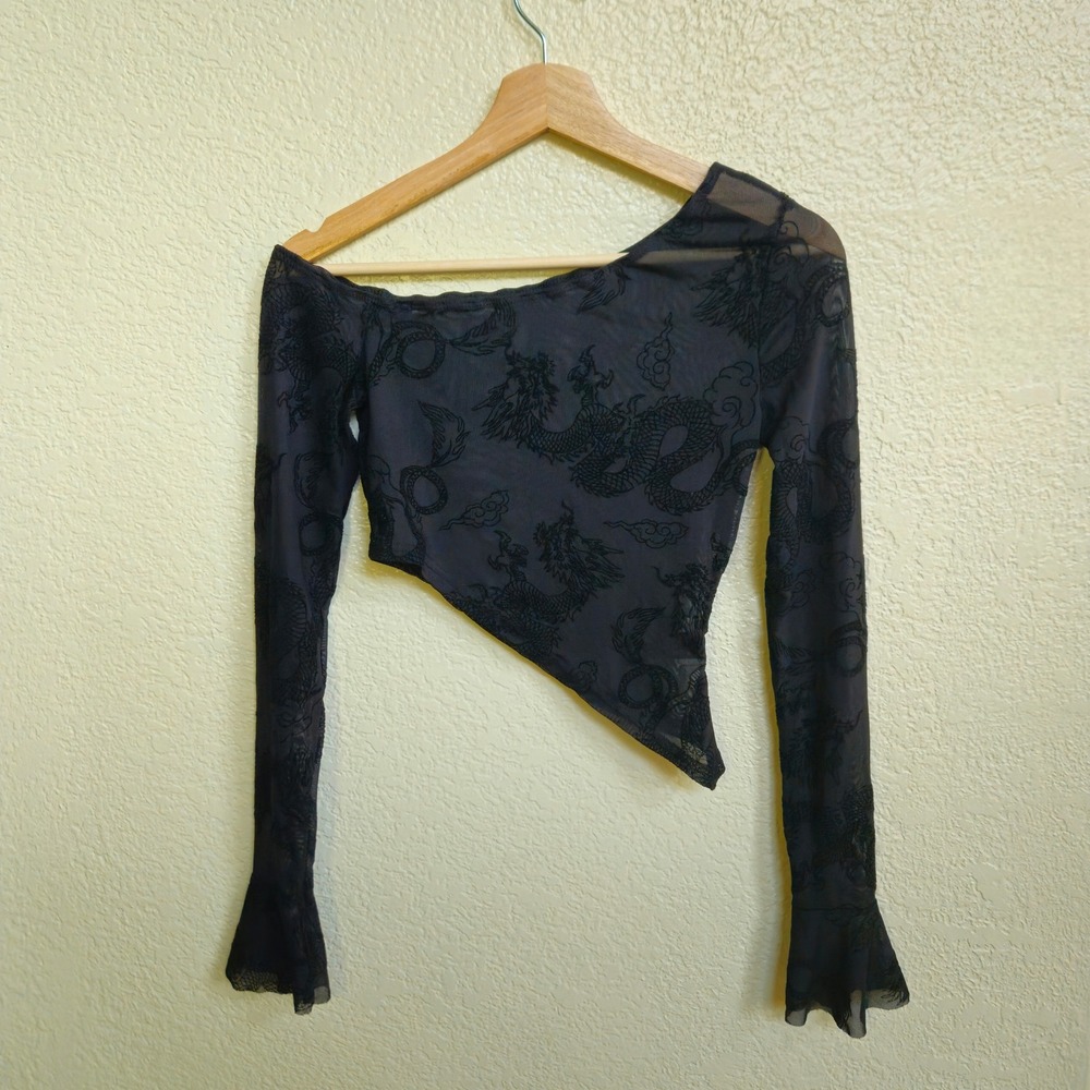 Dragon Mesh Asymmetric Off Shoulder Crop Top Bell Whimsigoth Vampire Dark Fairy